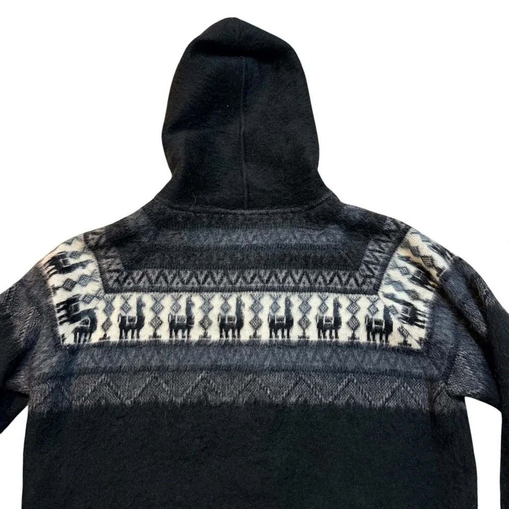 Aly Marka Llama Fair Isle Full Zip Hoodie Black Wool Blend Sweater Mens XL